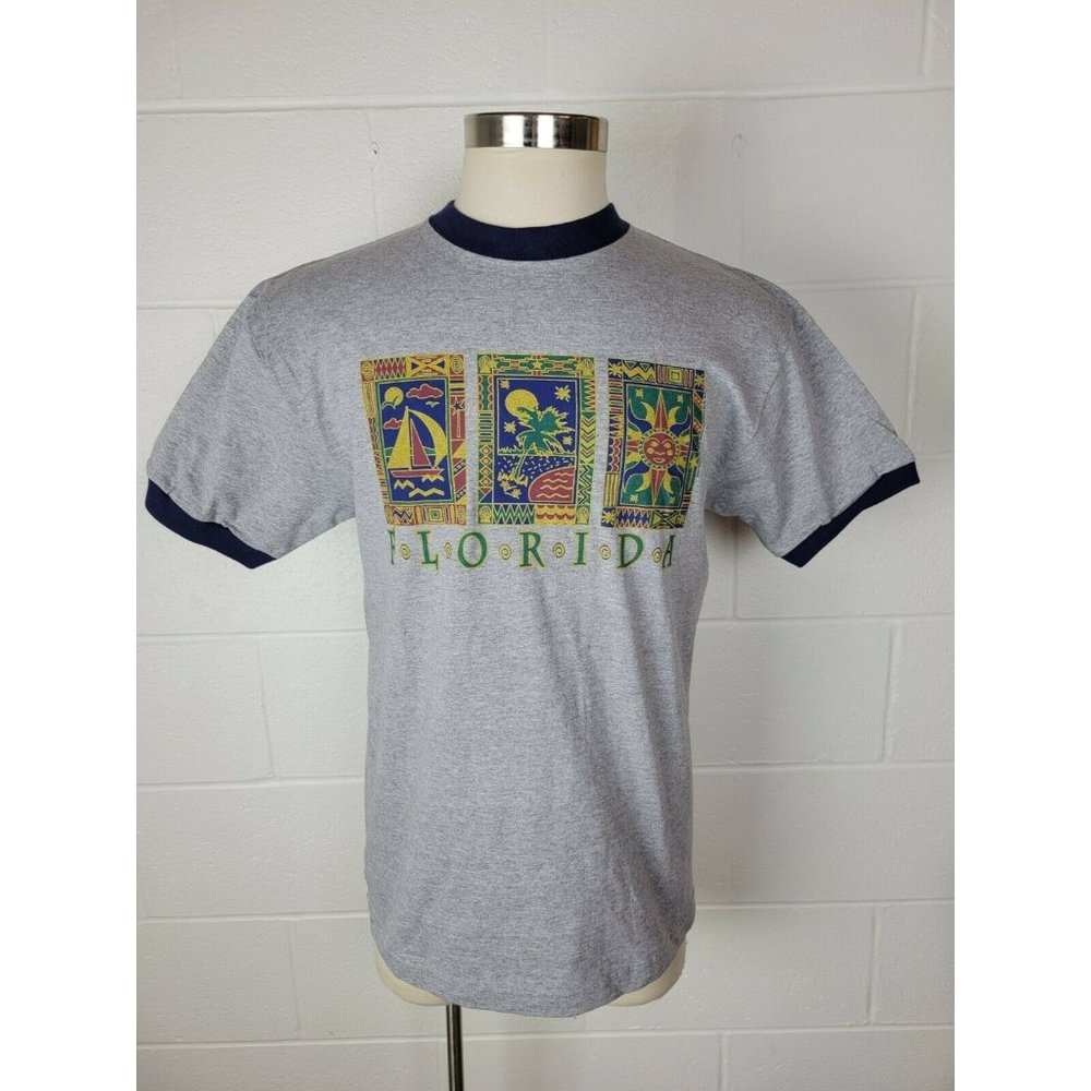 Speedo Florida‎ Ringer T-shirt Gray Sailboat Palm Sun USA Vintage 90s  L